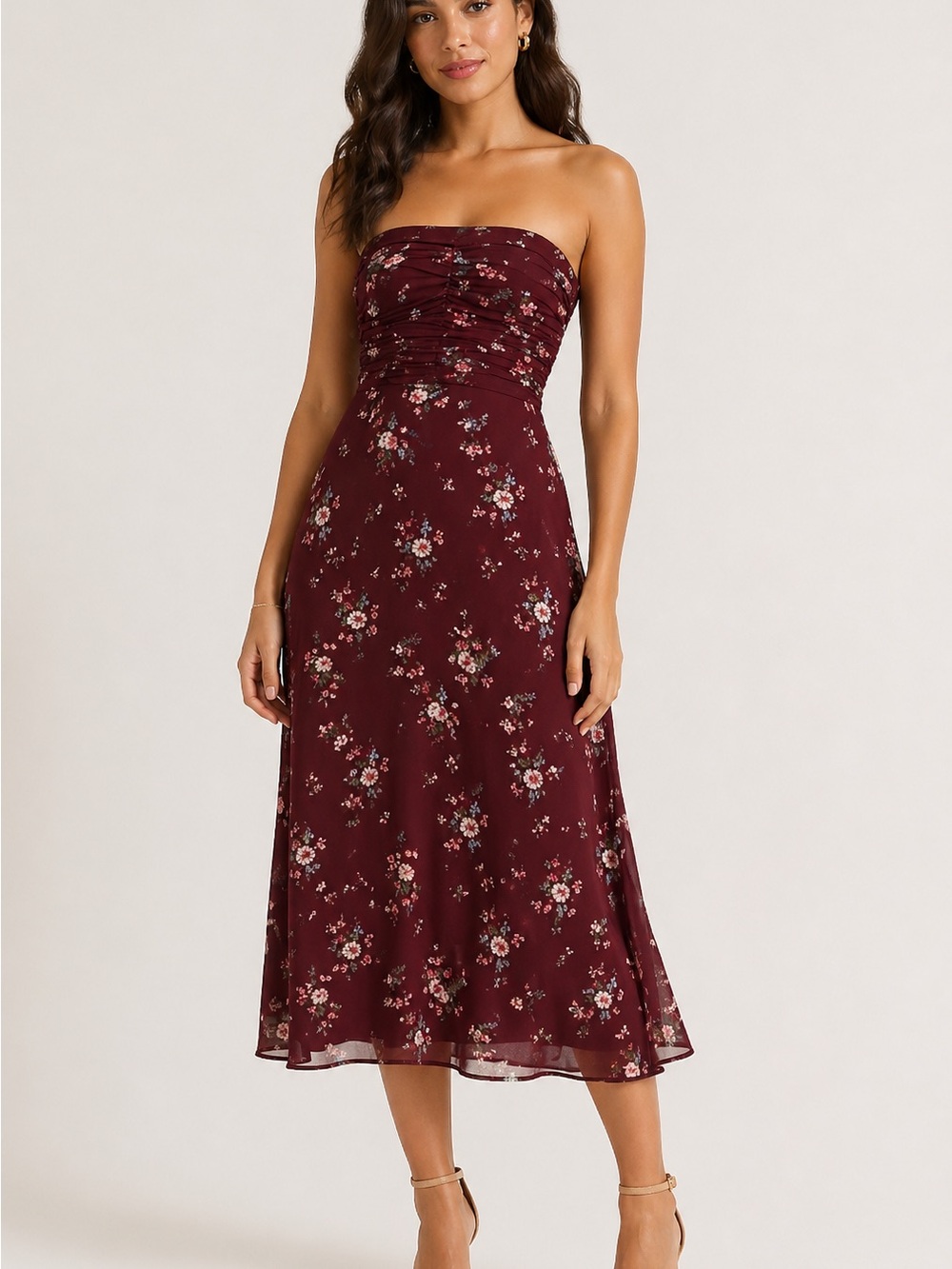 Reformation Burgundy Floral Strapless Midi Dress